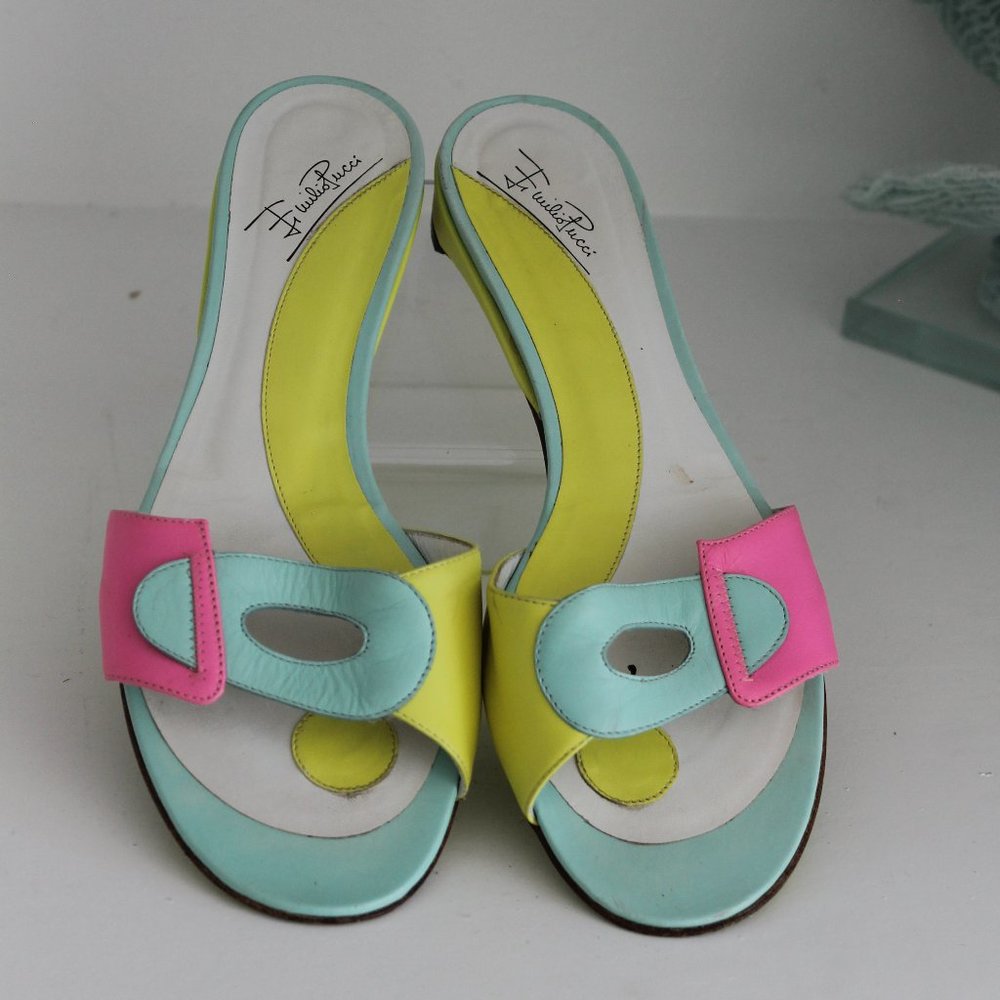 RARE RETRO Emilio Pucci Colorblock Leather Yellow Pink Green Slides Sandals 37.5 - Picture 3 of 11
